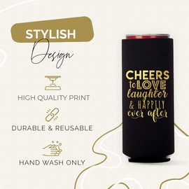 Wedding Can Cooler Decorations - 12 Cheers to Love Laughter and Happily Ever After, Rehearsal Dinner Favors, Wedding Supplies - Bridal Showers, Engagements Party Favors (Black, Slim)