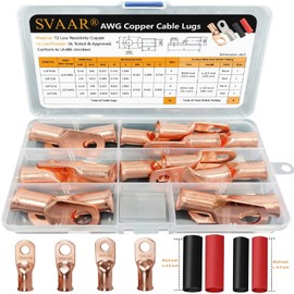 SVAAR 20pcs 0 Gauge 00 Gauge Tinned Copper Cable Lugs 1/0 AWG 2/0 AWG Wire Lugs Battery Terminal Connectors Kit with 5/16" and 3/8"Ring Eyelets Terminals Crimp Battery Cable Ends with 3:1 Heat Shrink