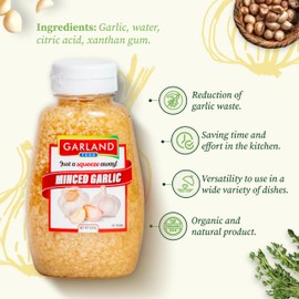 Garland Food Squeezable Minced Garlic in Water 9.5 oz – Made in the USA - Garlic Minced Squeeze Bottle for Fresh Flavor, Time-Saving Prep, and Versatile Uses in Every Dish