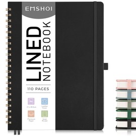 EMSHOI A4 Notebook Lined Journal, 100 GSM, PU Leather Hardcover, Sticky Notes, Pocket, Pen Loop, Ruler, Bookmark, 110 Pages Ruled Spiral Notepad for Women Men Writing, 21 x 28.5cm, Gray Blue