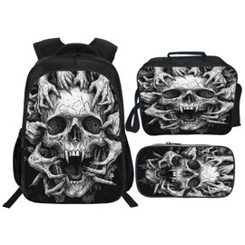 Citari Skull Backpack Set for Boys Girls 3PCS Cool Horrible Gothic School Bag with Lunch Box Pencil Case Kids Backpacks Toddler Elementary Bookbag 16 Inch