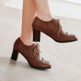 SHEMEE Women's Chunky High Heels Wingtip Oxfords Round Toe Lace Up Stacked Block Heel Vintage Brogues Pumps Shoes(Brown,US 8.5)