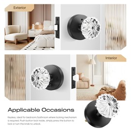 Leydebong Crystal Glass Door Knobs, Interior Privacy Door Knobs with Lock for Bedroom/Bathroom, Heavy Duty Design, Matte Black Finish, 4 Pack