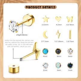 Dochais 25 Pairs Surgical Steel Stud Earrings for Women Multipack Cartilage Earring Opal Moonstone Turquoise Butterfly Flower Star Flat Back Earrings Silver (B1-Gold 21 Pairs)
