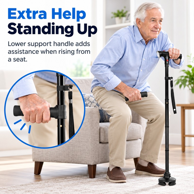 Folding Walking Cane for Seniors with LED Light, Alarm &