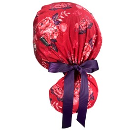CALOMED Scrub Cap for Women and Men, Ponytail Scrub Caps, Working Hat, Head Cover with Ribbon Ties and Buttons, Long Hair, Pink Roses on Red, One Size