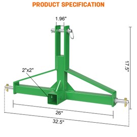 Green 3 Point Hitch Receiver Quick Hitch Compatible, 3 Point Trailer Hitch 2" Receiver for Category 1 Tractor, 3 Pt Trailer Towing Hitch Tractor Drawbar for Kubota, John Deere, BX, Kioti, Yanmar etc