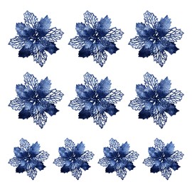 LEMCC 10PCS Artificial Flowers Decorations with Clips Blue Poinsettia Glitter Christmas Tree Ornaments for Xmas Wedding Party Wreath DIY, 11cm/4.3inch