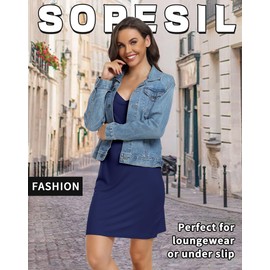 Sopesil Women's Full Slips Soft Nightdresses V Neck Petticoats Ladies Slips Dress Spaghetti Strap Basic Underskirt Chemises A-Navy Blue,S