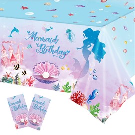 Xinfin Mermaid Party Tablecloths, 130 x 220 cm, Birthday Tablecloth, Waterproof Plastic Tablecloths, Party Decorations, Party Accessories for Birthday, Wedding Party (2 Pieces, Mermaid A)