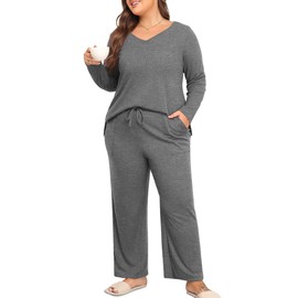 ZHUHOUSE Women's Plus Size 2 Piece Pajama Lounge Sets Knit Outfits Long Sleeve V Neck Tops Wide Leg Pants with Pockets(Dark Gray,3X-Large)