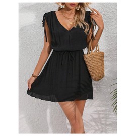 GORGLITTER Women's Swimwear Cover Ups V Neck Drawstring Flowy Sleeveless Short Cover Up Dress Black Small