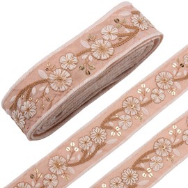 CABODYALS 5 Yards 1.73 Inch Pink Ethnic Jacquard Ribbon Embroidered Floral Pattern with Gold Sequins Decorative Weave Fabric Trim for Sewing Making Clothing Hat Decor Gift Wrapping DIY Craft Supply