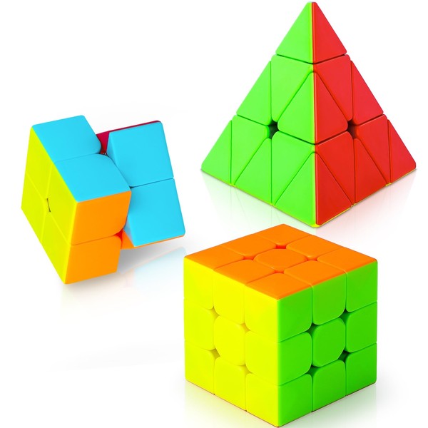 Januts Speed Cube Set 2X2 3X3 Pyramid 3X3 Professional Colour-Matching Puzzle Cube Magic Cube Set with Instruction Flexible Brain Toys for Kids & Adults Stickerless 3D Puzzle Toys, 3 Pack
