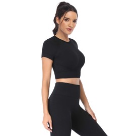 JOLLMONO 2 Piece Short Sleeve Outfits for Women Seamless Crop Tops Set for Women Workout Set（8005S-Black)