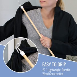 DMI Dressing Stick Wood with Metal and Vinyl Hooks, Lightweight Dressing Aid for Elderly and Handicapped, Zipper Aid, Tool for Retrieving Items, 27 Inches, DMI