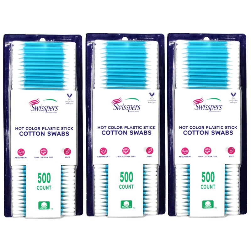 Swisspers Cotton Swabs 500 Count (Hot Color) (3 Pack)