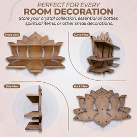 Chakral Wooden Lotus Flower Shelf for Crystals - Floating Crystal Display Shelf & Holder, Wall Decor for Bedroom Aesthetic, Pinewood (Brown)