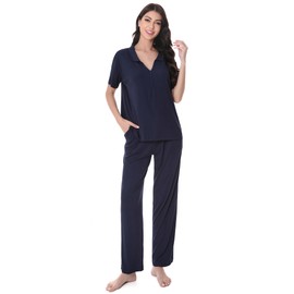 DAVID ARCHY Viscose from Bamboo Pajamas Set for Women Super Soft 2 Piece Lounge Set Women cooling pajamas for women(L, Navy Blue)