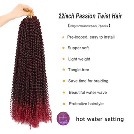 Dorsanee Ombre Burgundy Passion Twist Hair 22 Inch 7 Packs Water Wave Crochet Hair Long Bohemian Curly Braiding Hair for Butterfly Locs, Faux Locs, Boho Style Spring Twist Crochet Braids (TBug#)