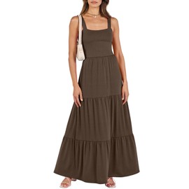 ANRABESS Women's Summer Casual Long Maxi Beach Vacation Dresses Sleeveless Square Neck Flowy Tiered Sun Dress with Pockets Coffee X-Large