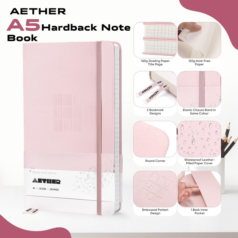 AETHER Notebook Lined A5, Pink Journal Diary 256 Pages 120
