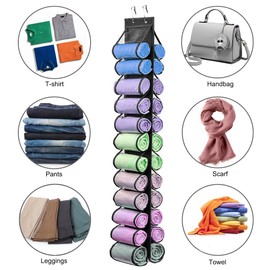 Shirt Organizer Leggings Storage Bag,Hanging Closet Organizer, Foldable Organizer Over The Door/Wall,Portable Closets Roll Holder with 24 Roll Compartments for Tank Top,Yoga Pants, T-Shirts, Towel
