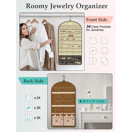 MATEIN Over the Door Jewelry Organizer with Travel Pouch, Double-Sided Hanging Necklace Earring Holder with Pockets, Large Jewelry Storage for Rings Bracelets, Beige-Brown