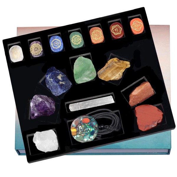 SUNYIK Natural Therapy Starter Healing Crystal Stone Kit, 7 Chakra Raw Rough Stones, Hand Carved Polished Tumbled Stones, Selenite Crystal Wand, Ogone Pendant Necklace for Reiki Balancing Meditation