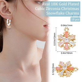 Beebeecraft 1 Box 10Pcs Snowflake Charms 18K Gold Plated Zirconia Christmas Theme Charm Colorful Winter Pendant Charms for DIY Necklace Earring Jewellery Making
