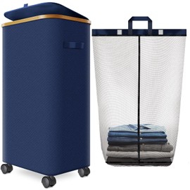 Laundry Hamper with Wheels,29 Gal (110L) Laundry Basket with lid Rolling Clothes Hamper Foldable Dirty Clothes Basket on wheels with Bamboo Frame and Bag for Bedroom, Dorm, Laundry Room-Blue