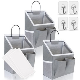 Kanrichu 3pcs Small Wall Hanging Organizer Bag, Linen Fabric Door Hanging Storage Basket with Pockets, Waterproof Bin for Kitchen, Bedroom, Office, RV Camper (Gray)