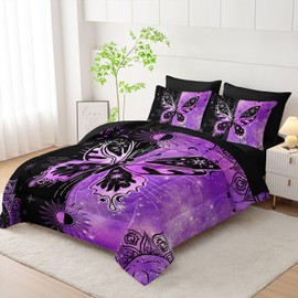 Smell Sunshine 7pcs Animals Comforter Set Black Purple Butterfly Printed Bedding Set with 1 Comforter, 1 Flat Sheet, 1 Fitted Sheet and 4 Pillowcases for Boys and Girls Bedroom (Butterfly-3 Twin