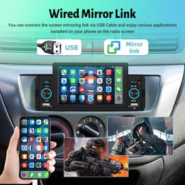 Techschermo 1 DIN Car Radio with Screen with Mirrors Link - 5 Inch HD Touchscreen DIN 1 Car Radio Bluetooth with Screen, FM Radio, USB Input, Steering Wheel Control + Reversing Camera