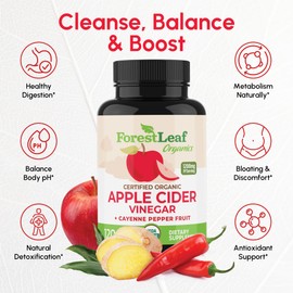 ForestLeaf Organic Apple Cider Vinegar Capsules 1200mg | USDA Organic Apple Cider Vinegar Pills w Cayenne Pepper & Ginger Root | Supports Metabolism, Detox, Digestion, Gut Health | 120 ACV Capsules