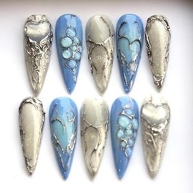 Blue Chrome Press Ons Y2K Metal Silver Abstract 3D Nails - Size: XS