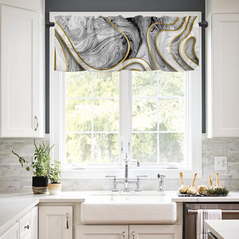 Savannan Window Curtains Valances, Marble Texture Line Black Gold White