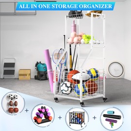DUDUXI Sports Equipment Garage Organizer,Garage Ball Storage Rack with Wheels-Upgraded 3 Layers Sport Toy Organizer Rack Outdoor Basketball Racks for Balls with Holder and Hooks