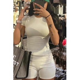ZFLM - Conjunto casual de dos piezas para mujer, cuello redondo, playera ajustada de cintura alta, pantalones a juego, ropa de calle, Beige-short, XL