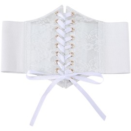 CABODYALS White Cinch Corset Lace Up Waist Belt Faux Leather Vintage Boho Bow Tie Wrap Wide Lace Elastic Trendy Waistband Belts Bulk for Women Dresses Shirts Clothing Costume Birthday Party Accessory
