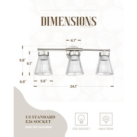 Brushed Nickel Bathroom Vanity Light, HWH 3-Light Vanity Lights for Bathroom Vanity Wall Lamp Over Mirror, Modern Vanity Light Fixtures with Striped Clear Glass, 5HZG97B-3W BN