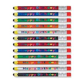 CUSTOMIZE123 Gift for Kids, Happy Birthday Stylus Pens Compatible with Touchscreen Devices + Ballpoint Writing Pen, Shaped Like a Pencil, Party Supplies & Favors, Assorted, 12 Pack