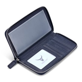 HISCOW Zippered Checkbook Cover & Card Holder with Divider - Italian Calfskin (Aniline Leather Blue)