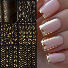 Gold Nail Stickers French Tip Metallic Golden Nail Decals 6PCS Self-Adhesive Irregular Ripple Lines Nail Design Sticker Acrylic Nail Art Supplies French Manicure Accessories Nail Art Decorations 6PCS