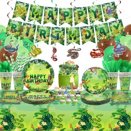 KEFAN Snake Birthday Party Decorations, Snake Theme Party Tableware Supplies including HAPPY BIRTHDAY Banner, Plates, Cups, Napkins, Tablecloth, Balloons for Snake Birthday Party, Serves 20 (L)
