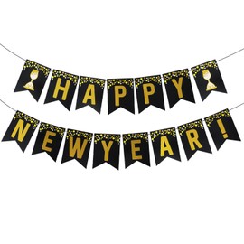 CHEERYMAGIC Happy New Year Banner,New Year's Eve Party Decorations 2025 Black Gold New Years Eve Sign for New Years Eve Christmas Party Home Bar Outdoor Decorations A4XNHJLQ