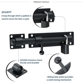 SAYAYO Slide Gate Latch Bolt Safety Door Lock with Padlock & 4 Keys Heavy Duty Solid SUS304 Stainless Steel Matte Black,180MM Length, 16MM Dia Bar, EMST8080-B