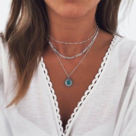 Inilbran Boho Turquoise Sunflower Pendant Necklace Chain Layered Figaro Chain Necklaces Silver Satellite Chain Choker Necklace Vintage Turquoise Chain Necklace for Women and Girls
