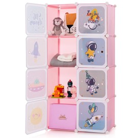 INFANS Children Wardrobe, Kid Closet Portable Baby Dresser Cute for Kids Bedroom Nursery Armoire with Doors 12 Cube 2 Hanging Sections, Kid Clothes Storage Organizer (Pink, 8 Cubes)