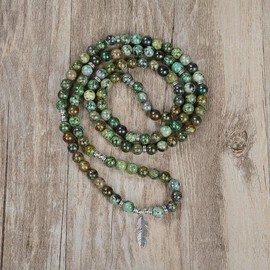 Inspirational Yoga Bead Bracelet 108 Mala Stone Necklace with Dainty Lucky Feather Pendant, Stone, Turquoise